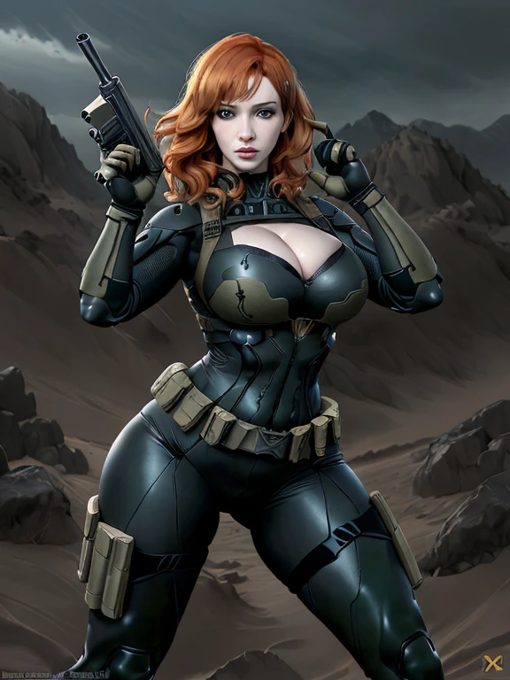 Imagine Christina Hendricks as an Metal Gear Solid character, Christina Hendricks as a video game character, Christina Hendricks in a stealth video game, Metal Gear Solid, created in Yoji Shinkawa's style. High-quality facial research of Christina Hendricks, (Christina's sculpted cheekbones and slight wrinkles around the face), 48 years old, High-quality detailed research of Christina Hendricks voluptuous figure. Skin-tight black leather suit, cleavage, high-tech goggles, metallic utility belt, metal arm bands, fingerless gloves. Glamorous, confident expression, fierce and powerful stance. (Full Body shot), ((aiming at the viewer with a gun)), action pose, dynamic pose. Dramatic lighting,high contrast,highly saturated colors,shadows and highlights, 8k wallpaper,
