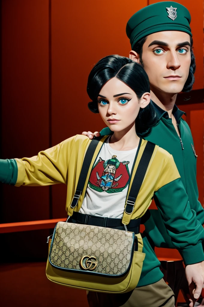 Gangster Woyzeck with gucci fanny pack in character cartoon style
