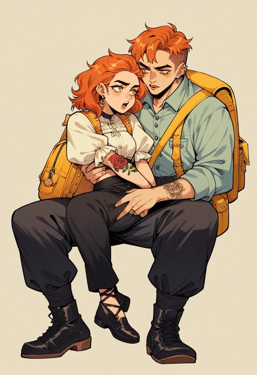 Kizi , tied orange hair, cropped verde com decote, rose tattoo on lap, Wide black pants, yellow cold blouse, black shoe, , with a yellow backpack medieval style rpg sharp face, pretty , piercings