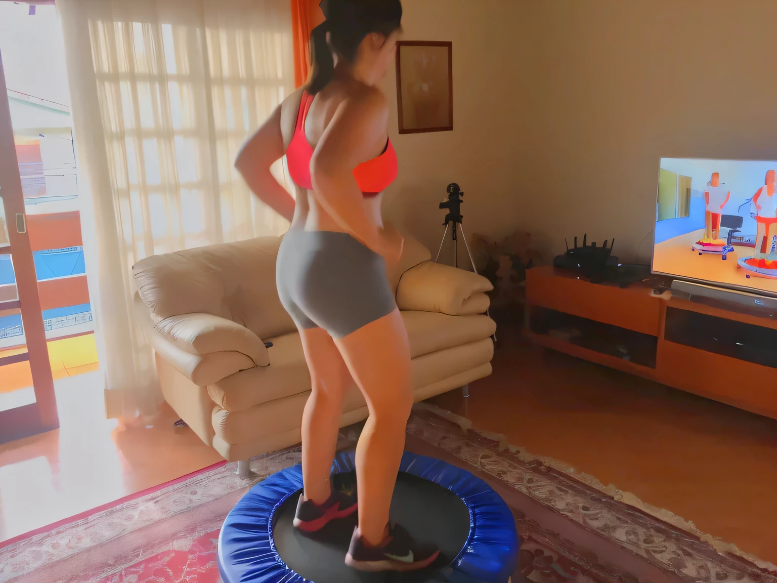 there is a woman standing on a trampol in a living room, bouncing, working out, cottagecore!! fitness body, sweaty 4 k, workout, thicc, bouncy belly, leaked footage, low quality video, jumping, woman is curved, latina, she has a jiggly fat round belly, fit body, fitness, insanely inflated hips