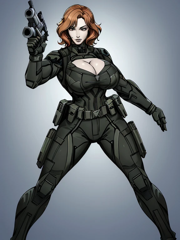 Imagine Christina Hendricks as an Metal Gear Solid character, Christina Hendricks as a video game character, Christina Hendricks in a stealth video game, Metal Gear Solid, created in Yoji Shinkawa's style. High-quality facial research of Christina Hendricks, (Christina's sculpted cheekbones and slight wrinkles around the face), 48 years old, High-quality detailed research of Christina Hendricks voluptuous figure. Skin-tight black leather suit, cleavage, high-tech goggles, metallic utility belt, metal arm bands, fingerless gloves. Glamorous, confident expression, fierce and powerful stance. (Full Body shot), ((aiming at the viewer with a gun)), action pose, dynamic pose. Dramatic lighting,high contrast,highly saturated colors,shadows and highlights, 8k wallpaper,
