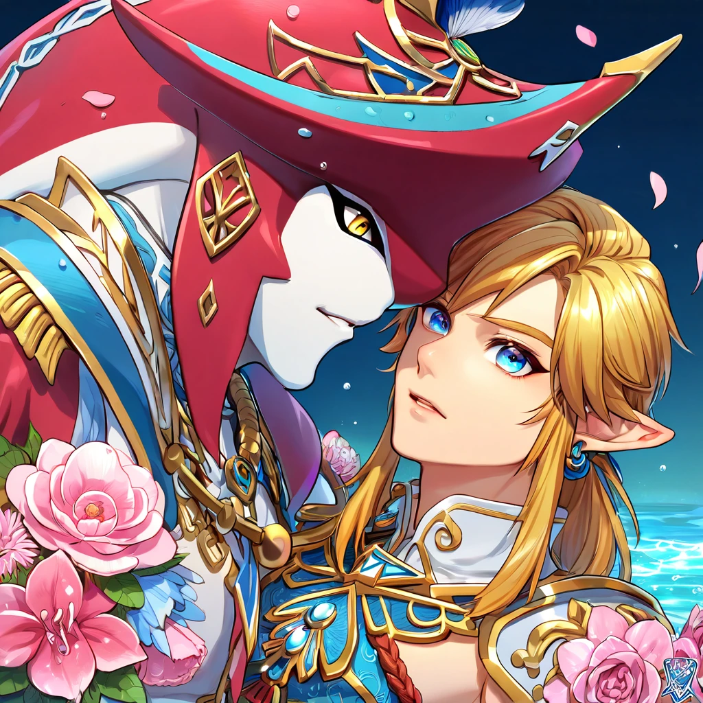 absurdres, highres, ultra detailed, HDR, master piece, best quality, perfect face, delicated features, red Zora, Sidon, expressive yellow eyes, The Legend Of Zelda Breath Of The Wild, Link, expressive blue eyes, blond hair, two sexy men together, gay couple, yaoi, handsome, fantasy clothes, pink blossoms, pink flowers, water, fantasy