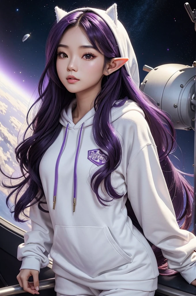 Long Purple hair, Vietnamese, beautiful 23 year old woman, very attractive, brown eyes, elf ears, very cute, thin athletic body, wearing white hoodie and sweatpants in space