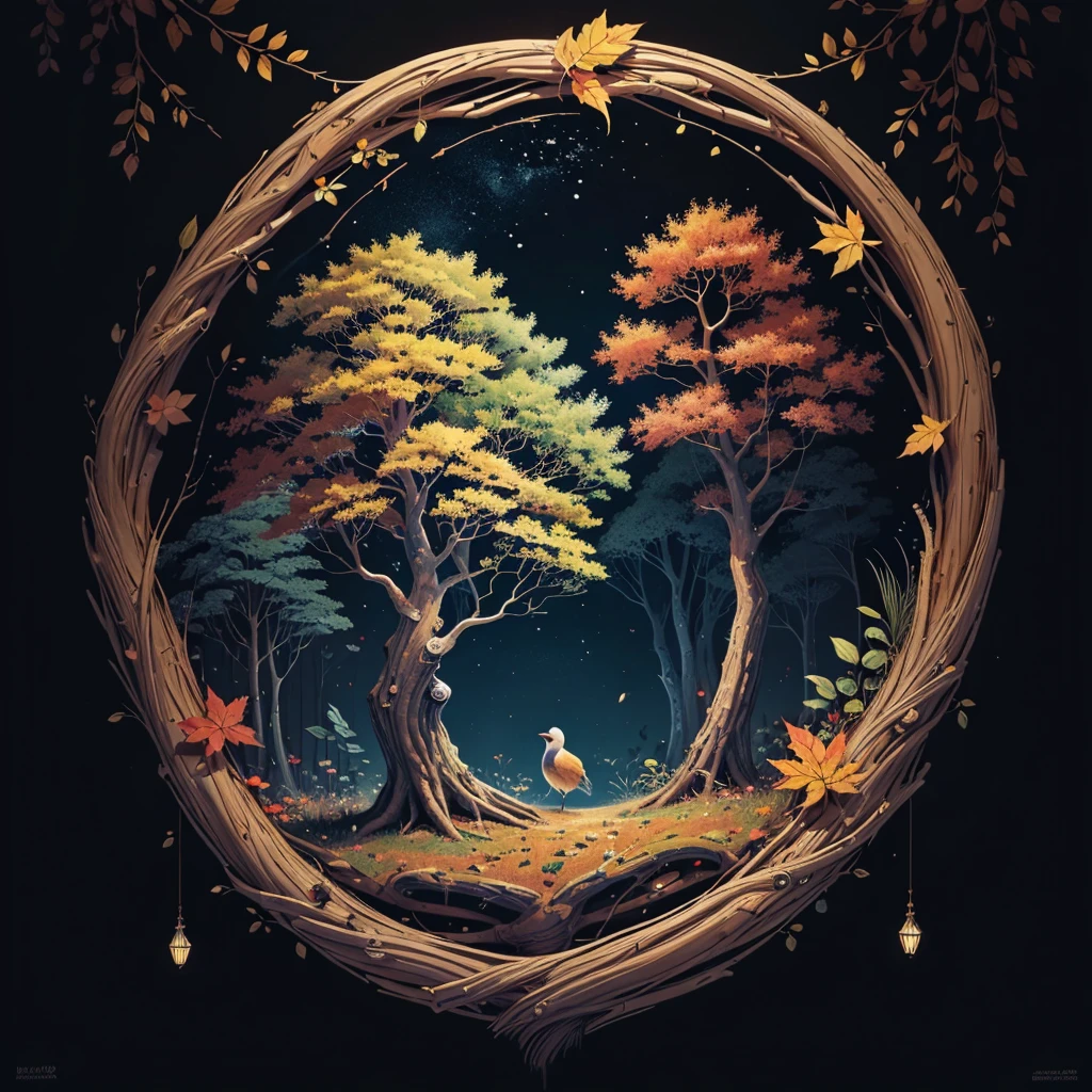 circular tree,four seasons,spring,summer,autumn,winter,leaves,roots,branches,trunk,ornate border,decorative,digital illustration,artwork,movement,time,swirling background,dark background,vibrant colors,natural,life cycle,growth,change,nature,life,peace,harmony,spirituality,symbolism,digital art,illustration,painting,graphic design,art,design,digital media,online art,visual art,fine art,fantasy