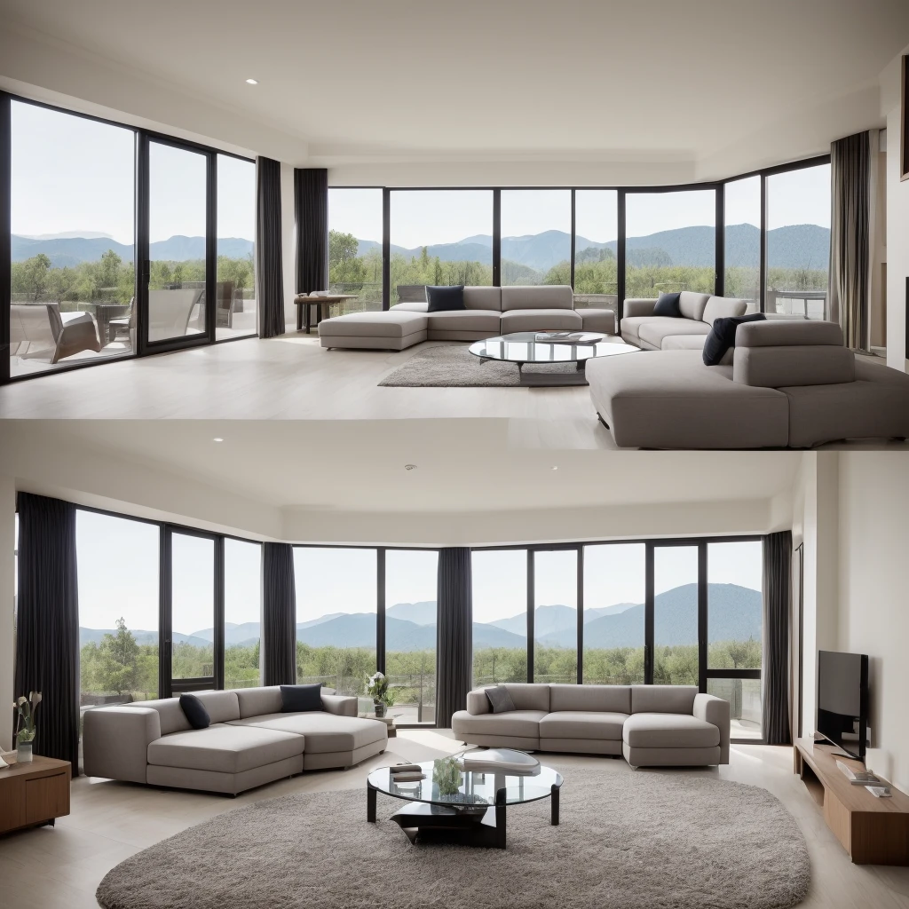living room, ultra-modern design, minimalism, in black and white gray colors, maximally detailed, Highest resolution, exemplary masterpiece. Design technology - built-in furniture, no free-standing cabinet furniture, all cabinets are walls. In the center of the room is an ultra-modern soft complex made of environmental materials consisting of a three-seater sofa , two-seater sofa, pairs of chairs, everything in the same style and design, stand in a semicircle, in the center of which there is a glass table with a modern coffee service. Freshly brewed coffee poured into cups. Against the soft composite wall-TV, where there is a program about living wildlife. The room has two windows with low wide window sills, on which lie soft mattresses, window sills are used as additional places for sitting and relaxing. At the end of the evening, beautiful sunset. Mountains and forest in the distance, there is a river in front of them.