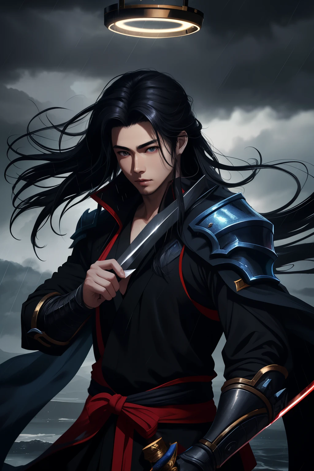 League of Legends Yasso characters, Handsome and delicate face, Armed with a sword, Yasuo uses his sword to blow the wind, Scene in rainy sky, Gray, Ultra-high resolution, 8k. Long flowing black hair, Handsome and stylish, A bit more grainy, Backlight, Halo, The characters must be very clear