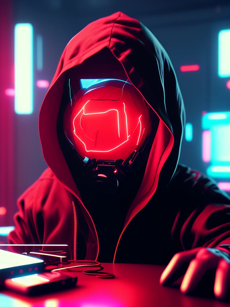 NeonNinja style, a close up of a person wearing a red hood there is a large ball in the middle of a room, a close up of an electronic device on a table