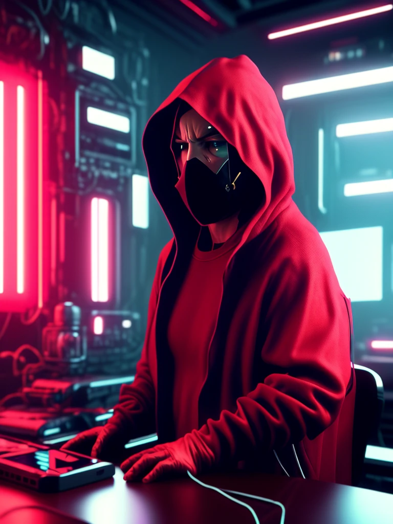 NeonNinja style, a close up of a person wearing a red hood there is a large ball in the middle of a room, a close up of an electronic device on a table