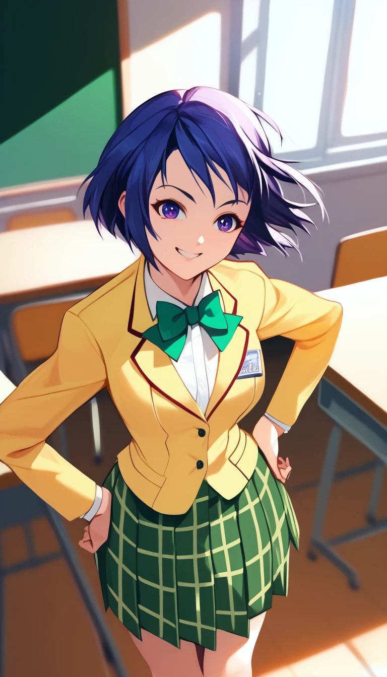 masterpiece, best quality, highres,1 girl,solo, aaharuna, short hair, bangs, , green bowtie, blazer, yellow blazer, long sleeves, plaid skirt, green skirt, pleated skirt, classroom, hands on hip, smile, standing,from above