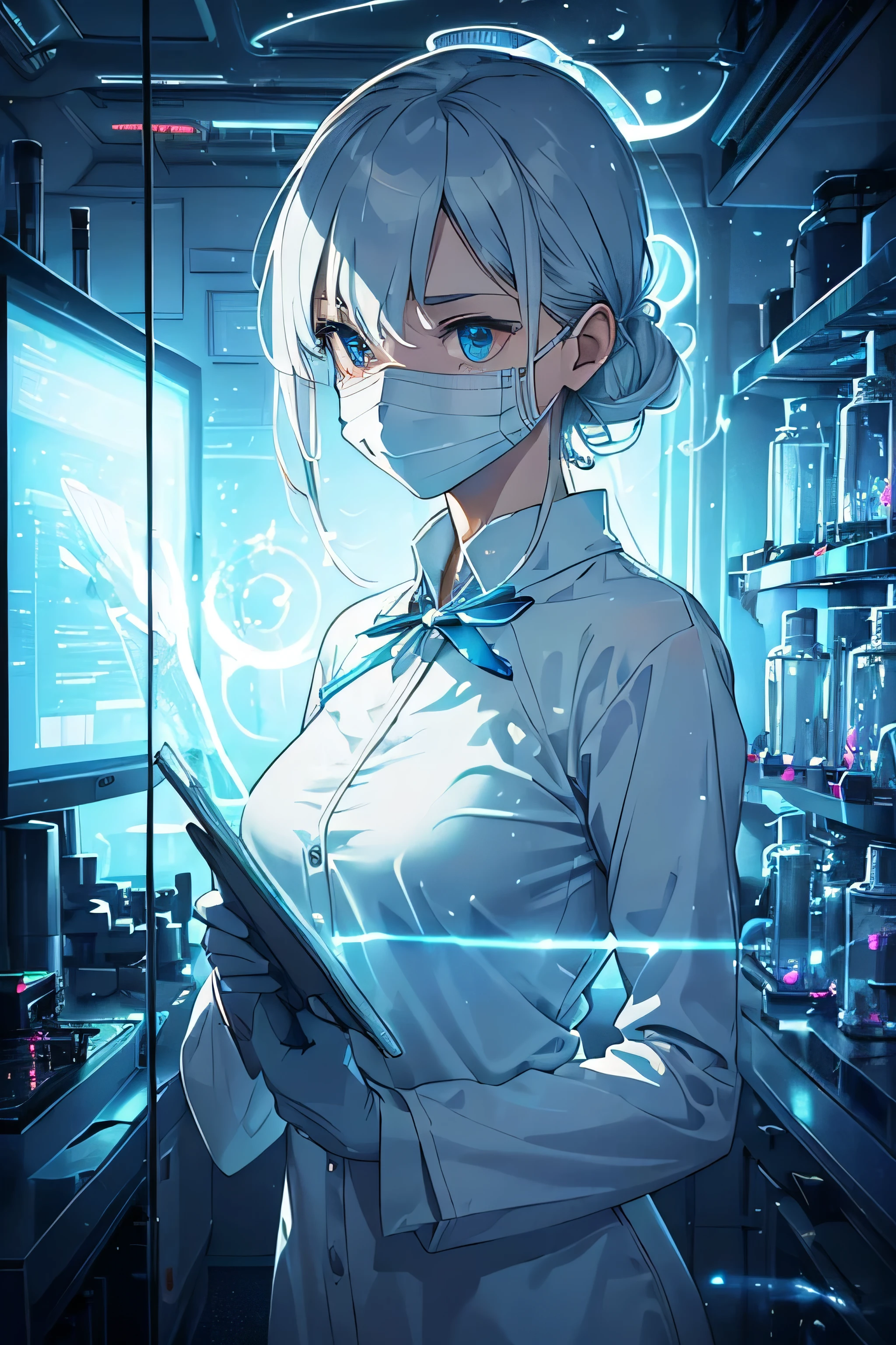 (Better Quality,High range),(Realistic:1.37),(Conceptual Art),(Portrait), (Scientist wearing mask in lab),(be familiar with,Scientific Research Laboratory),(Special containment unit),(Advanced Search Center),(Concentration),(bright,Clinical Lighting),(Glass tank),(scientific instruments),(Biochemical analysis),(Experiences),(Exposing Metamaterial Properties),(Incredible visual impact),(Hauntingly beautiful),(Ethereal atmosphere),(Subtle sparkle),(Submerged in liquid),(Supernatural,Supernatural:1.1),(Mysterious,Interesting:1.2),(elegant,Graceful Movement),(Curious scientist),(Meticulous documentation),(Fascinating,Unpredictable),(Discover the unknown),(infinite possibilities),(Intense curiosity),(white) Cyberpunk Style