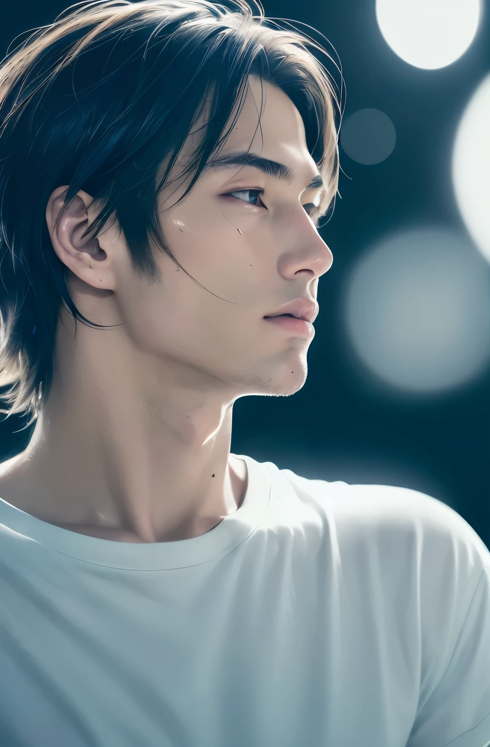 32k, Young man, good looking, anime, Handsome, Gentle expression、Oblique profile, round face, Black and white images,
Backlight, Light on the face, (Bright light:1.2), (Improvement of quality:1.4),
(Highest quality real texture skins:1.4), Detailed drawn eyes, Detailed painted face,
Face close-up, Plain T-shirt,(Enhances the beauty of skin texture:1.1)