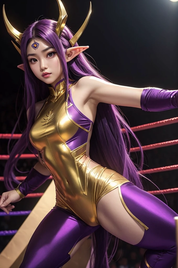 Long Purple hair, Vietnamese, beautiful 23 year old woman, very attractive, brown eyes, elf ears, very cute, thin athletic body, wearing gold superhero costume in wrestling ring, heroic pose, photoshoot