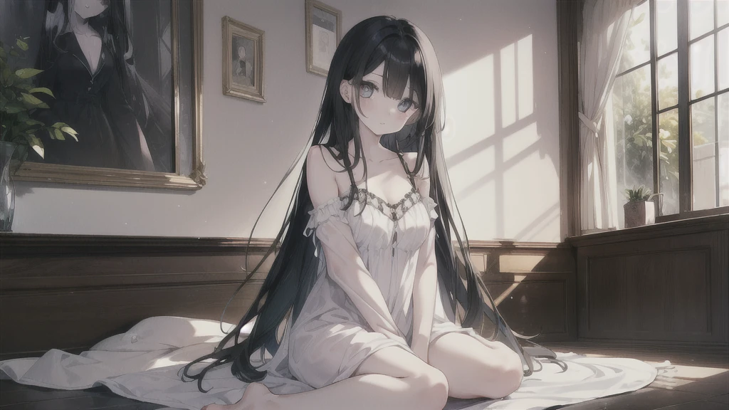 a female, big sad eyes, pale skin, wearing a white nightgown, very skinny, long black hair, sitting on the ground, detailed eyes, prominent collarbones