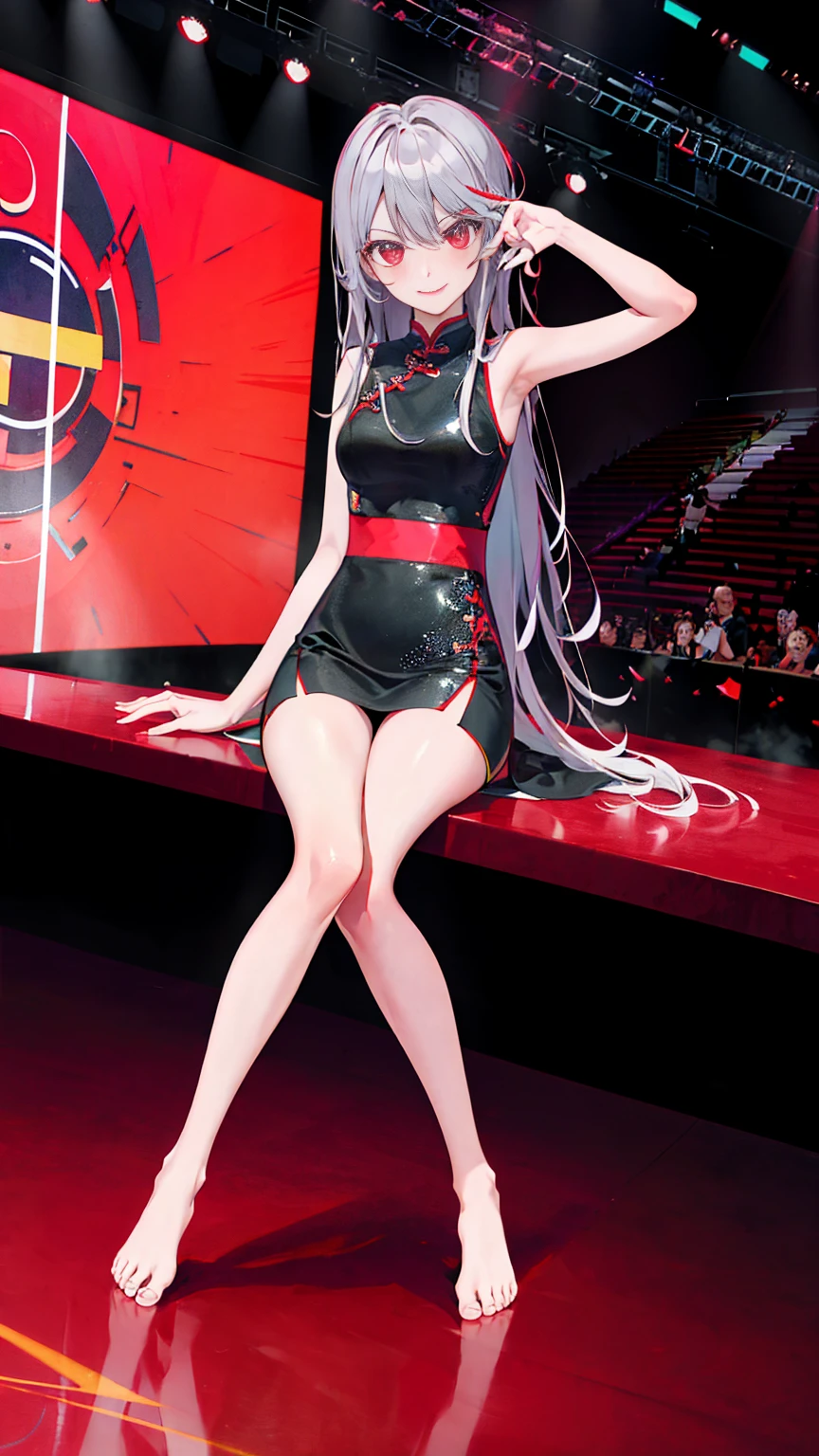 Super Resolution,geometric abstraction，Oblique perspective，Overlooking，sit sideways，Look down at the camera，Back，One leg rests on the table，
(Realistically:1.3),Double tail，
(1 Slim girl), Fashion女孩, Fashion,underwear，
Young face, Red eye makeup，Blushed, (Energetic smile),Split legs，do the splits，
(Slim) thigh,Tired Dancer，
,Fashion show，cheongsam，on stage，kneel，audience，Full body image，barefoot，Emo girl, Kawaii, Silver Hair,