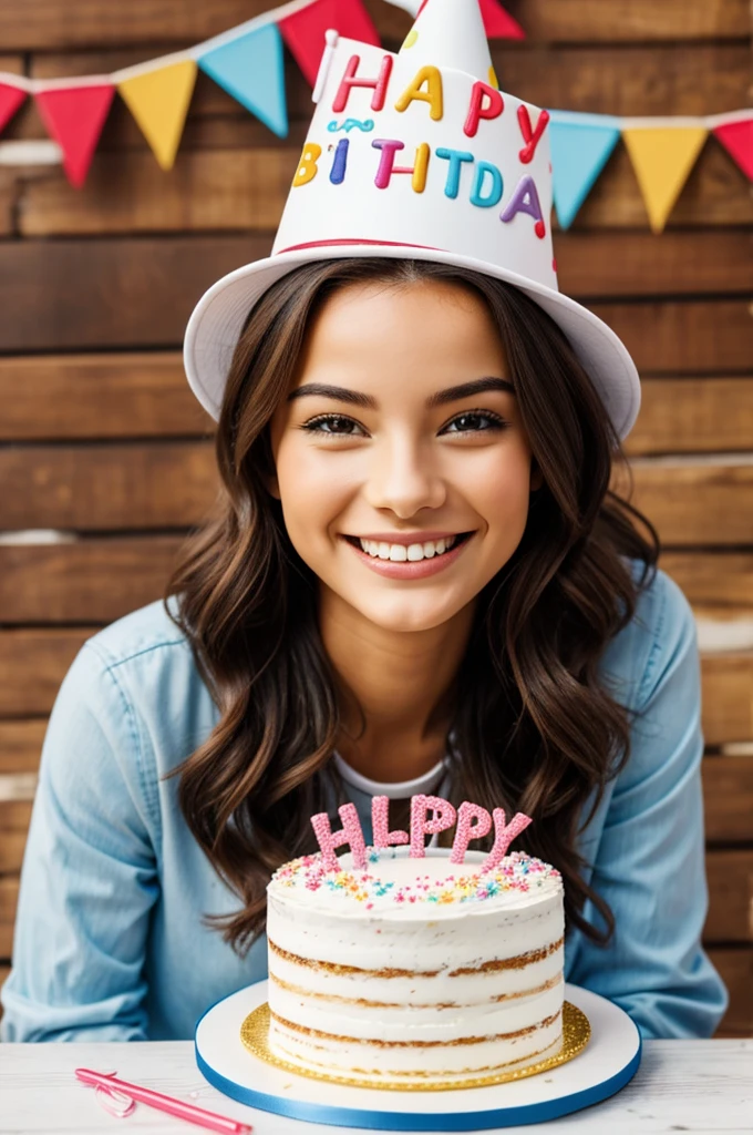 Happy birthday letter with the hapoy face smiling and wearing a birthday hat and a nice cake 