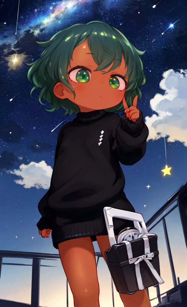 Sky, it's night, the night is full of stars, there are planets in the sky, bright colors, Incredible details, Shiny hair, spectacular hair, , short hair, galaxy hair, green eyes, bottomless, tanned, black sweater,