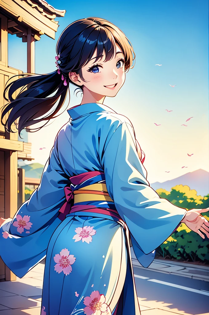 A beautiful smiling woman in a kimono greets people with a cheerful "Good morning" as her arms open under the blue sky