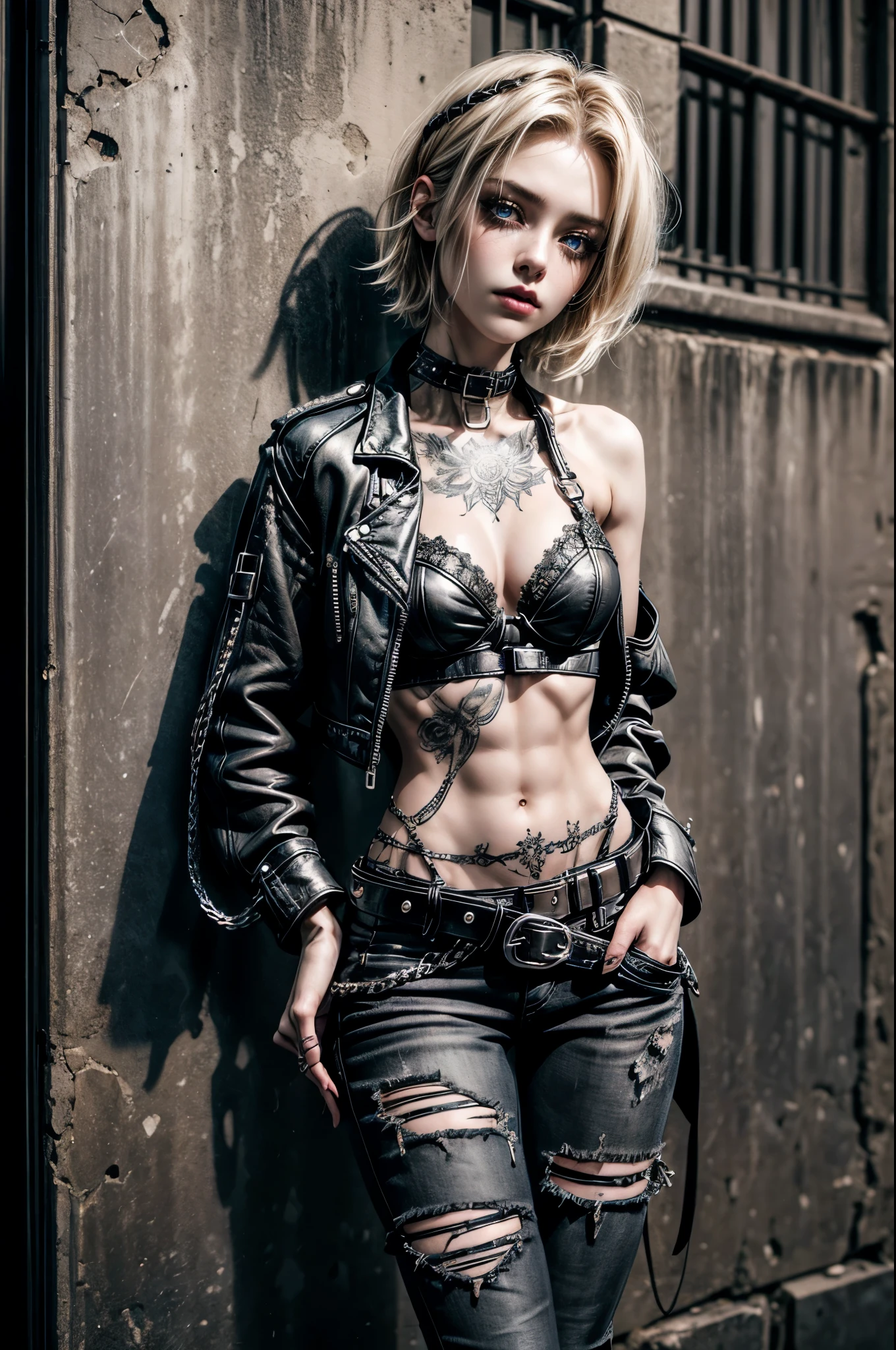 (Detailed illustrations, Very detailed and detailed drawing, Delicate lines with slow and rapid, Realistic texture expression), One woman with very short blond hair with black tips, ((blond hair)), ( emo hairstyle, ), goth, punk, pale white skin, evil smirk, (cold morning outside in the streets background), dark lighting, cold atmosphere, lore_Emma , blue eyes , dark eyeliner, (ultra dark glossy black lipstick), bored expression, gorgeous face , super cute, 18 years old , hyper detailed face, (super skinny figure , medium breast, thin waist), ((leaning back against wall with both arms close to body and hands in pocket)), (slight forward head tilt), slim legs, slim hips, LowriseXL, (ultra low rise ripped and waxed long jeans with rivets and chains and shiny reflective pattern), (short sleeved worn and dirty leather jacket), (white colored lace bra), black choker, bare midriff, vulva tattoo, (white lotus flower in hair), ((flower pattern tattoo)), fingerless leather gloves, (black nail polish), faded tattoo's, ((thigh belt)), ((hip chains)), ((belt hanging on hip)), ((three studded belts)), (visible strong abs), ((small navel piercing))