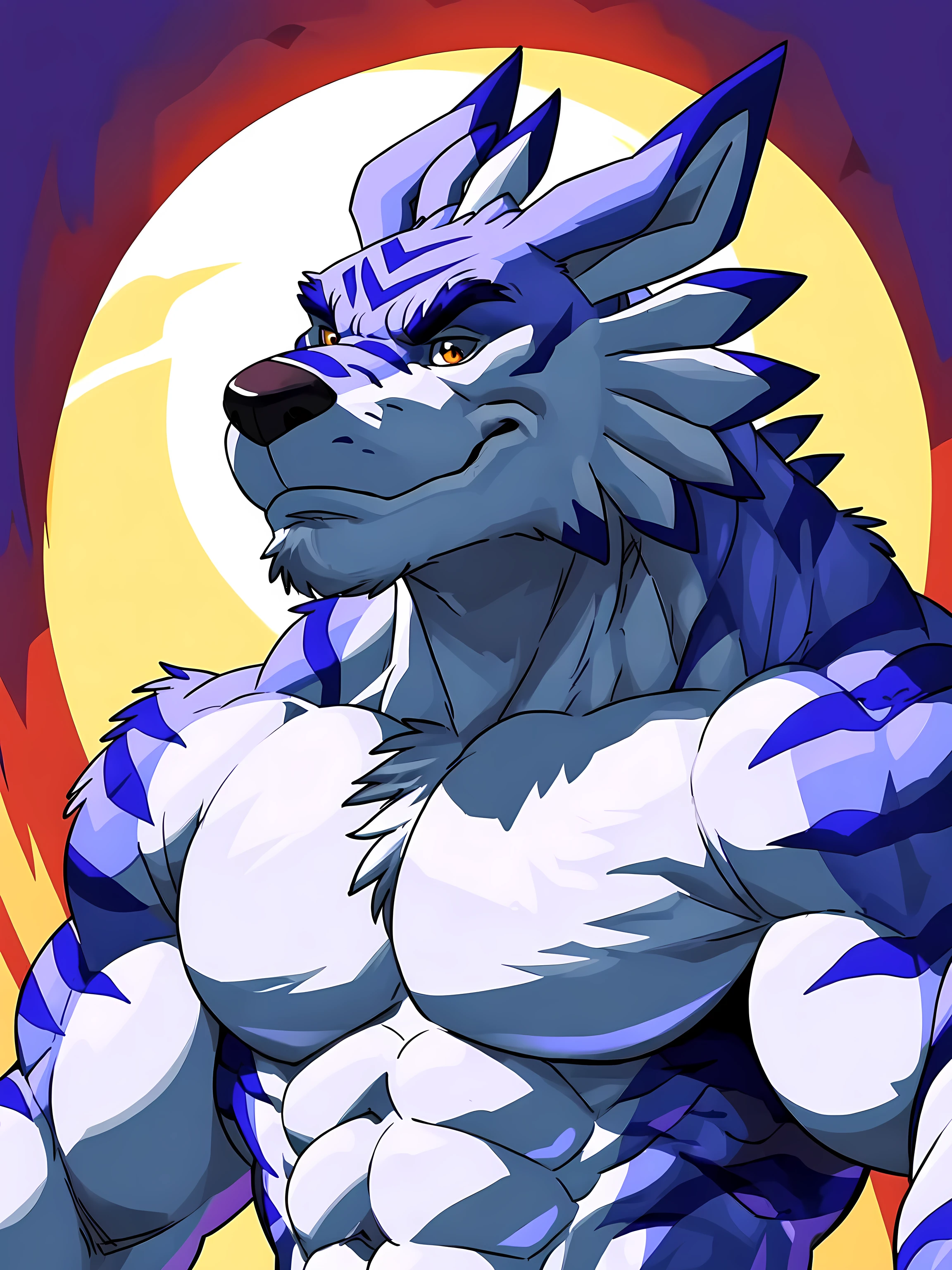 Garurumon, 4k, high resolution, best quality, detailed, posted on e621, solo, anthro body, older male, masculine, male, very masculine, (very muscular, defined muscles, heavyweight):1.2, (plain background, explosive background:1.1), correct anatomy, (orange eyes, detailed eyes:1.1), sexy, (cel shaded, cartoony shading, strong shadows, dramatic lighting):1.3, confident, (by wfa, by takemoto arashi, by meesh, by Taran Fiddler), strong, (half body, upper body, close up:1.1), stern face, low-angle shot:1.2, mwvector