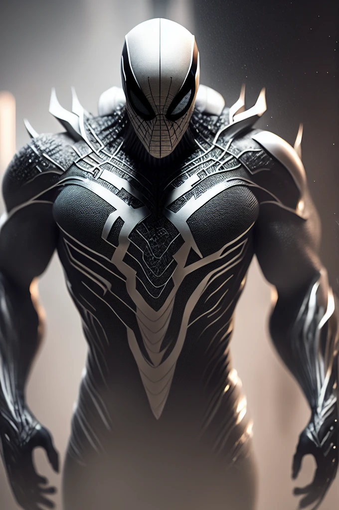 (8k, foto RAW, melhor qualidade, obra-prima: 1.2), ultra detalhado, arte oficial, foto-realista: 1.37, spider man, black suit, spider in the center of your chest in white, organic looking clothing, gooey testura, symbiote, white eyes, fine art, PS5 cinematic screenshot,highly detailed detailed cinematic rendering, ultra photorealistic raytricing, with cinematic lightingpose de ação