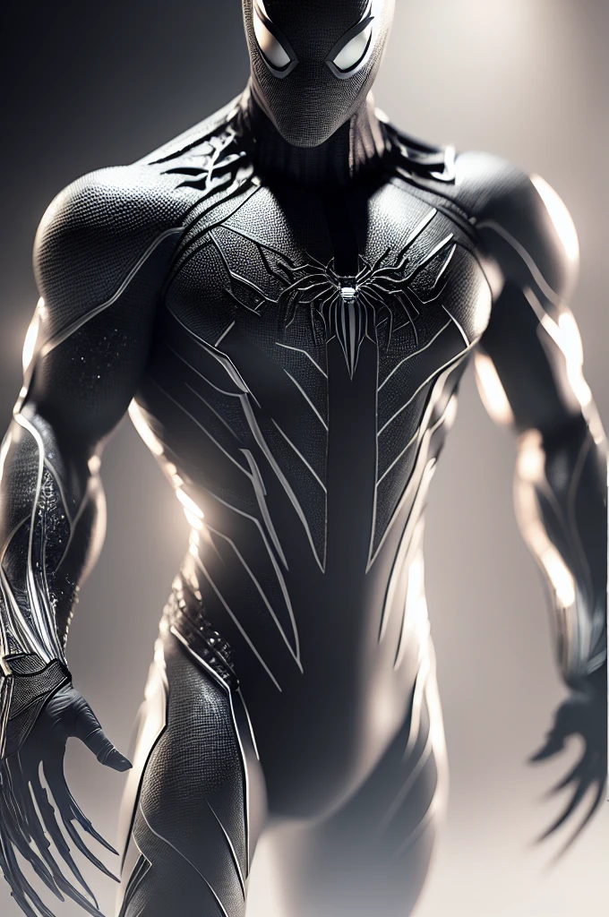 (8k, foto RAW, melhor qualidade, obra-prima: 1.2), ultra detalhado, arte oficial, foto-realista: 1.37, spider man, black suit, spider in the center of your chest in white, organic looking clothing, gooey testura, symbiote, white eyes, fine art, PS5 cinematic screenshot,highly detailed detailed cinematic rendering, ultra photorealistic raytricing, with cinematic lightingpose de ação