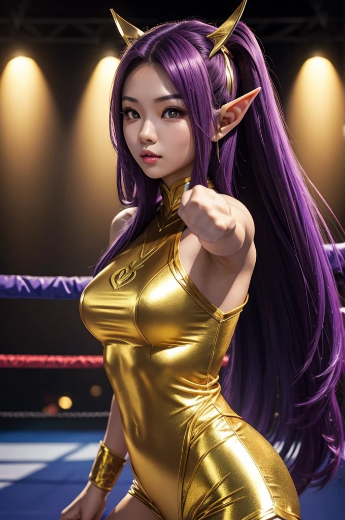 Long Purple hair, Vietnamese, beautiful 23 year old woman, very attractive, brown eyes, elf ears, very cute, thin athletic body, wearing gold superhero costume in wrestling ring, heroic pose, photoshoot