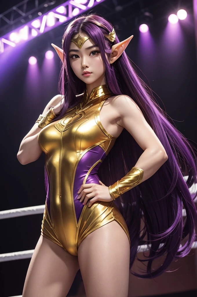 Long Purple hair, Vietnamese, beautiful 23 year old woman, very attractive, brown eyes, elf ears, very cute, thin athletic body, wearing gold superhero costume in wrestling ring, heroic pose, photoshoot