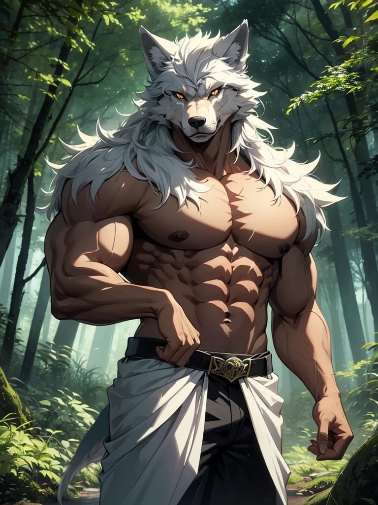 A serious muscular anthro wolf in a forest, with his arms crossed. The image must be in a anime style.