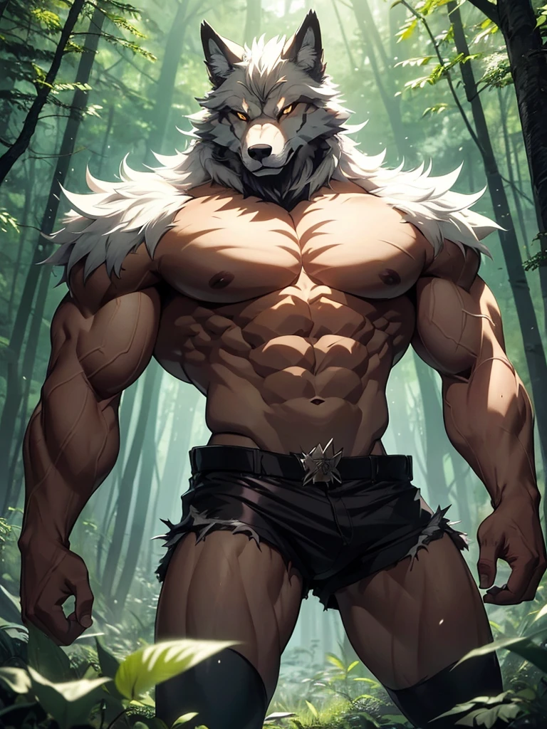 A serious muscular anthro wolf in a forest, with his arms crossed. The image must be in a anime style.