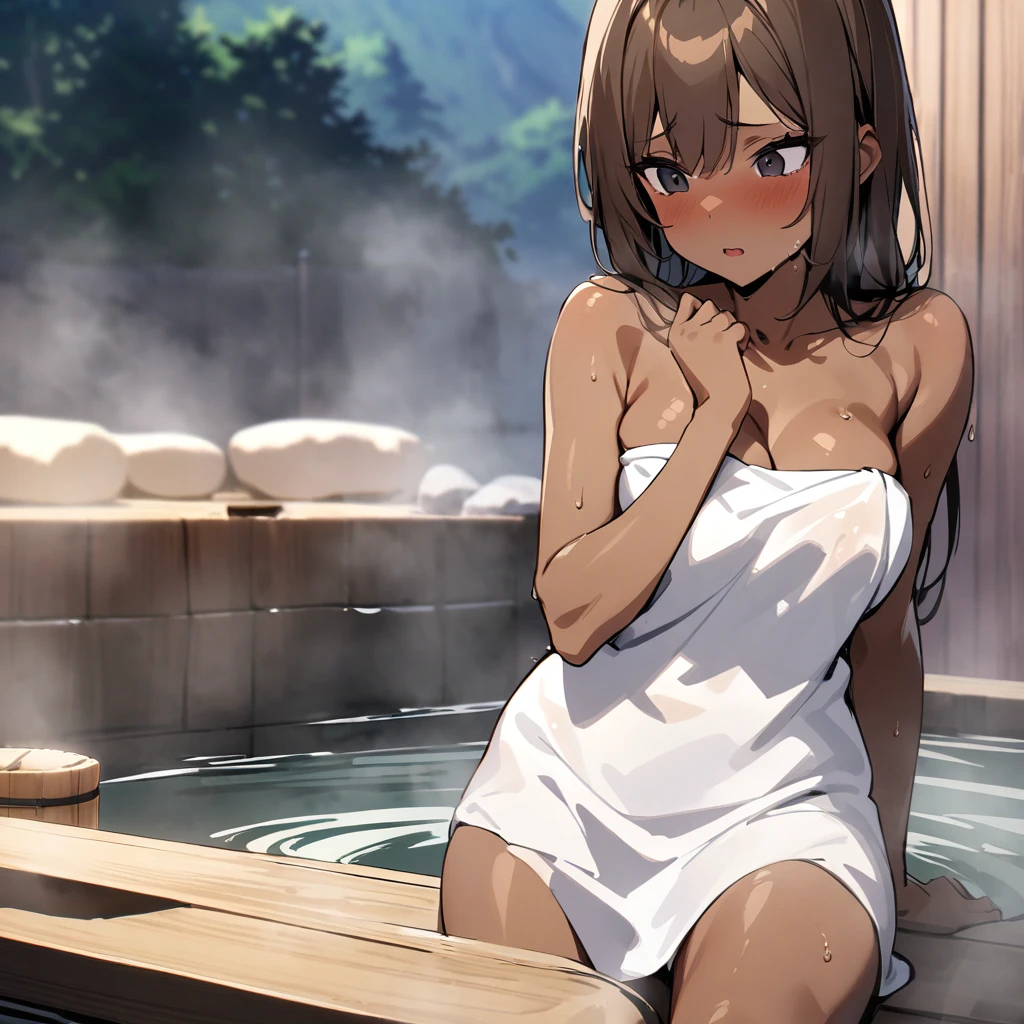 Top quality, masterpiece, gal, brown hair, long hair, black eyes, brown skin,hot spring,bathing,bath towel,Tsundere