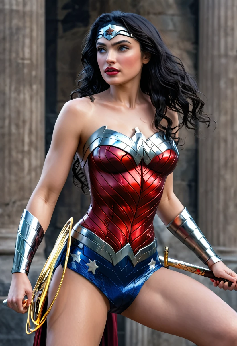 (best quality,4k,8k,highres,masterpiece:1.2),ultra-detailed,(realistic,photorealistic,photo-realistic:1.37),Sexy (best quality,highres),sexy ( Masterpiece, 4k resolution, ultra-realistic, very detailed) Sexy beautiful Wonder Woman (New 52) . portrait photography by , in the style of realism, glistening skin, natural lighting, Defined full lips. fitness feminine body full body Wonder Woman (New 52) full body 8K (thunder woman) (color) + gag ch4irtied (bridal) forced marriage 