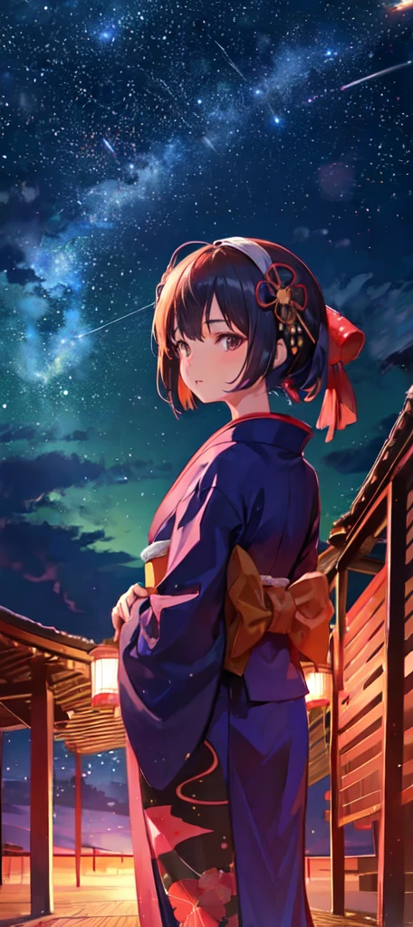 1girl, distant girl wearing a kimono staring at the stars, (zoomed out:1.1), (meteor shower:1.2), (comet:1.1), your name, low angle, from behind, aroura borealis, shooting star, yukata, red kimono, cherry blossoms, standing in a field,best quality, masterpiece,  cloud,colorful, starry,stars,