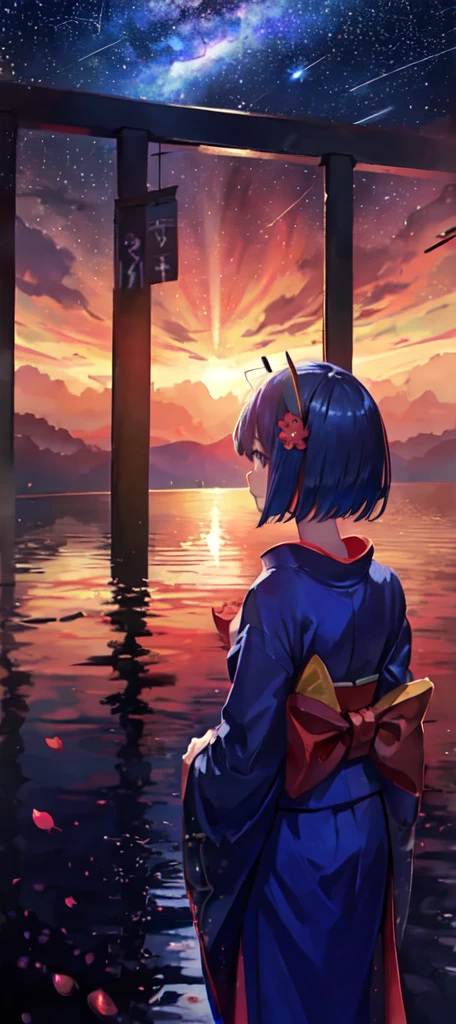1girl, distant girl wearing a kimono staring at the stars, (zoomed out:1.1), (meteor shower:1.2), (comet:1.1), your name, low angle, from behind, aroura borealis, shooting star, yukata, red kimono, cherry blossoms, standing in a field,best quality, masterpiece, cloud,colorful, starry,stars,