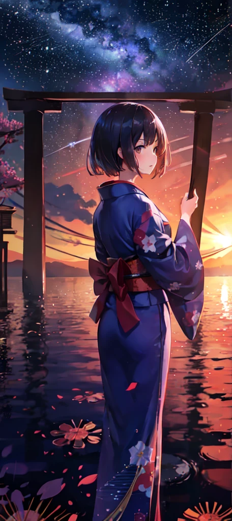 1girl, distant girl wearing a kimono staring at the stars, (zoomed out:1.1), (meteor shower:1.2), (comet:1.1), your name, low angle, from behind, aroura borealis, shooting star, yukata, red kimono, cherry blossoms, standing in a field,best quality, masterpiece,  cloud,colorful, starry,stars,
