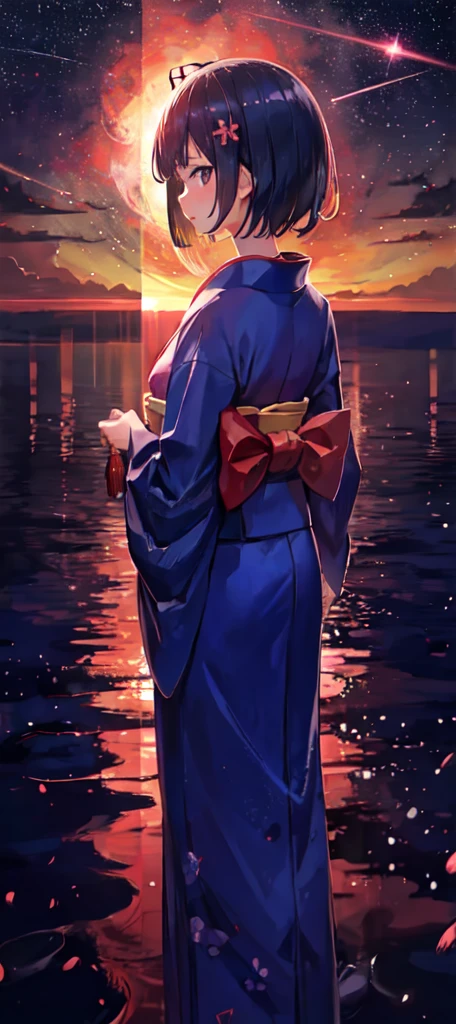 1girl, distant girl wearing a kimono staring at the stars, (zoomed out:1.1), (meteor shower:1.2), (comet:1.1), your name, low angle, from behind, aroura borealis, shooting star, yukata, red kimono, cherry blossoms, standing in a field,best quality, masterpiece,  cloud,colorful, starry,stars,