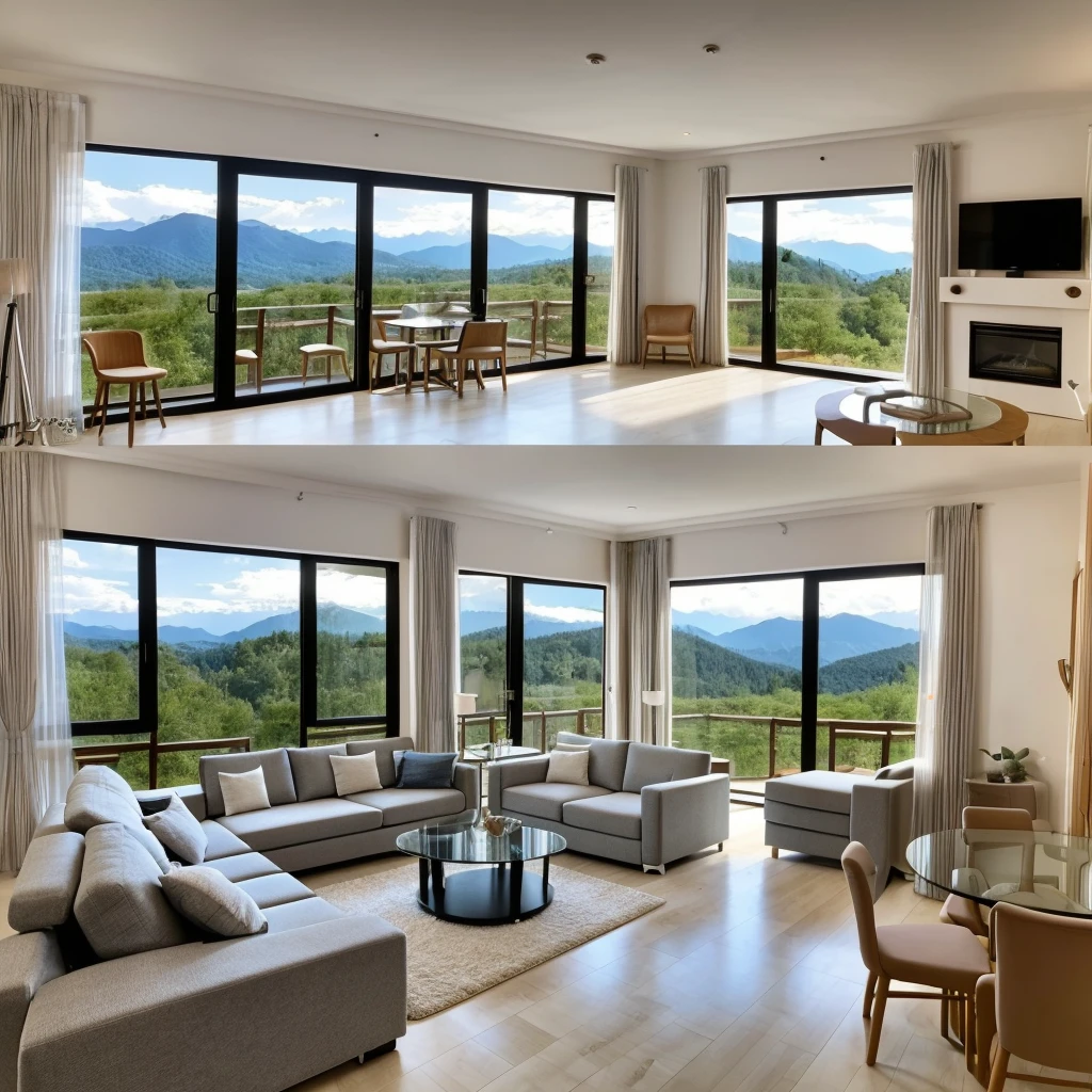 living room, ultra-modern design, minimalism, in black and white gray colors, maximally detailed, Highest resolution, exemplary masterpiece. Design technology - built-in furniture, no free-standing cabinet furniture, all cabinets are walls. In the center of the room is an ultra-modern soft complex made of environmental materials consisting of a three-seater sofa , two-seater sofa, pairs of chairs, everything in the same style and design, stand in a semicircle, in the center of which there is a glass table with a modern coffee service. Freshly brewed coffee poured into cups. Against the soft composite wall-TV, where there is a program about living wildlife. The room has two windows with low wide window sills, on which lie soft mattresses, window sills are used as additional places for sitting and relaxing. At the end of the evening, beautiful sunset. Mountains and forest in the distance, there is a river in front of them.