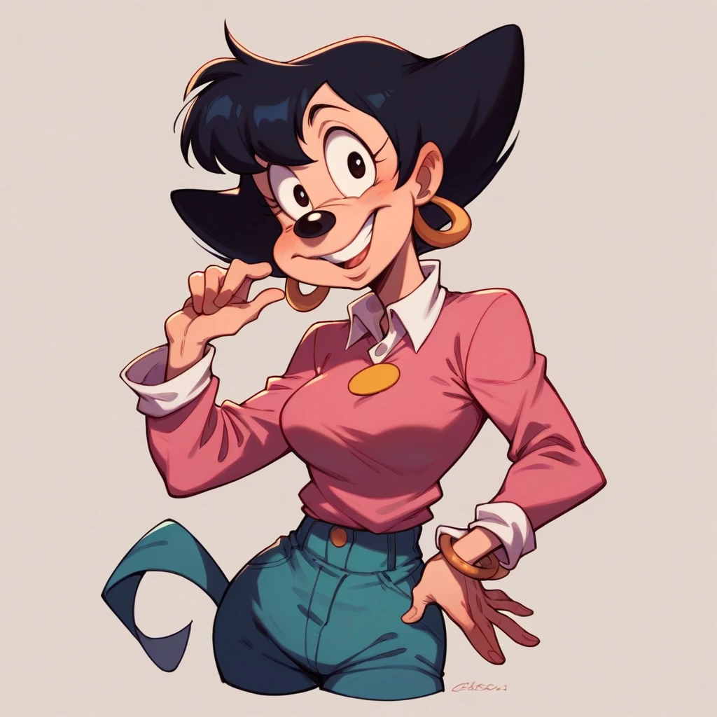 masterpiece, best quality, one girl, solo, detailed face, looking at the viewer, black eyes, gold hoop earrings, 4 fingers, seductive smile, detailed skin texture, (blush: 0.5), (goosebumps: 0.5), subsurface scattering, detailed skin texture, (blush: 0.2), (goosebumps: 0.3), sexual expression, portrait, pink top, high resolution, detailed bedroom background, black nose, sfw, goof troop, Disney, character,  anthro, detailed fingers, blush, sitting, flirtatious pose, kiss, mini skirt, hands between legs, sweaty, jacket raised on the chest, detailed between legs, midriff