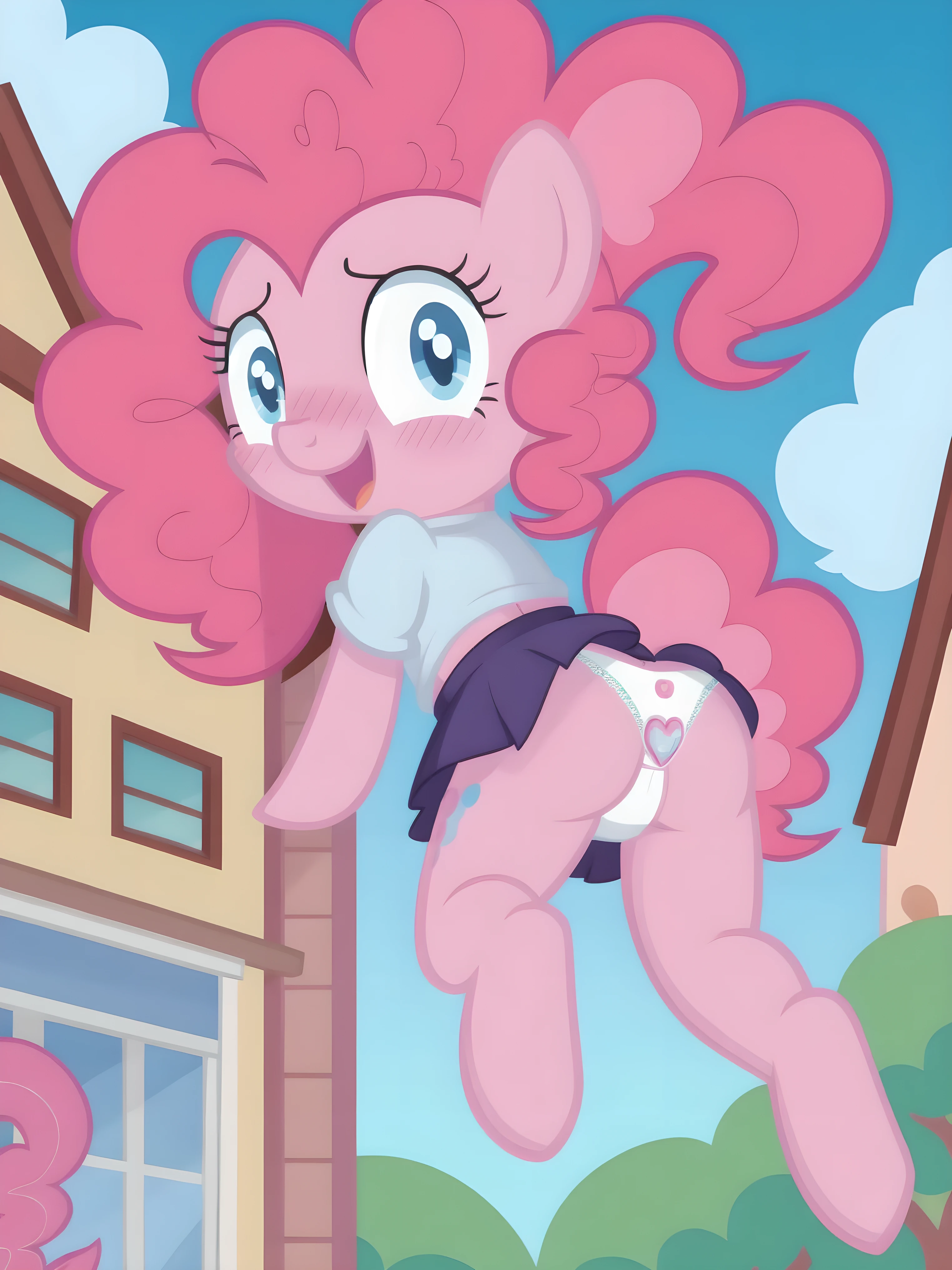 Pinkie pie, pony, v-string panties, white panties, skirt, in the village, happy, blush, jumping, in public, buttplug