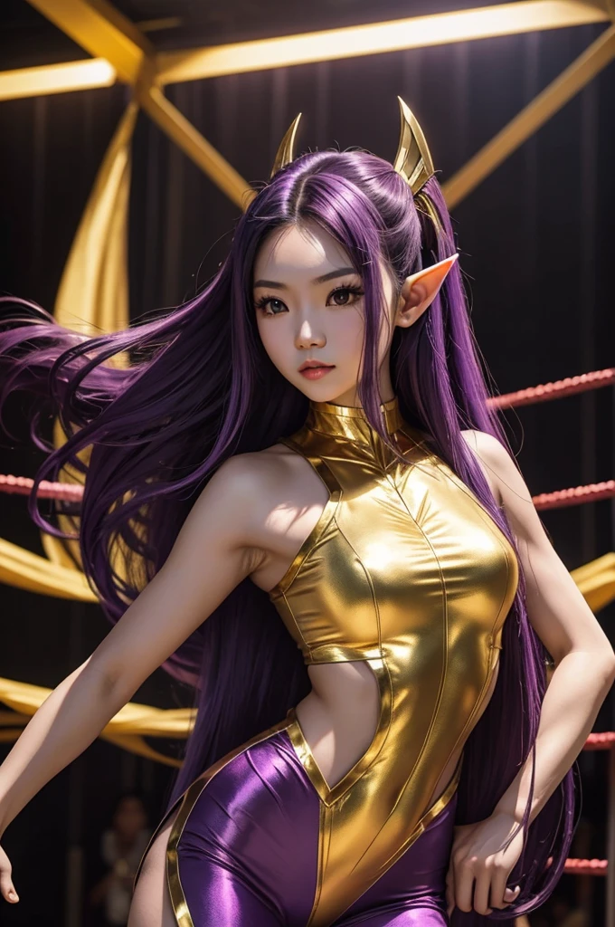 Long Purple hair, Vietnamese, beautiful 23 year old woman, very attractive, brown eyes, elf ears, very cute, thin athletic body, wearing gold superhero costume in wrestling ring, heroic pose, photoshoot
