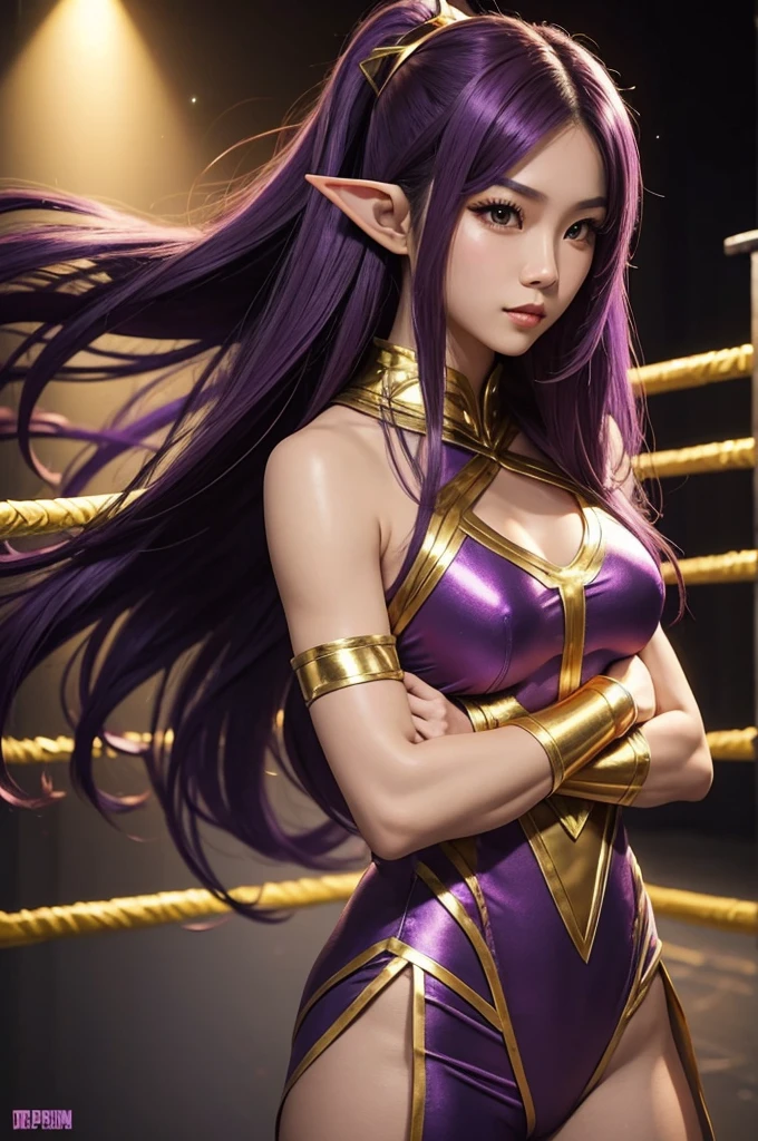 Long Purple hair, Vietnamese, beautiful 23 year old woman, very attractive, brown eyes, elf ears, very cute, thin athletic body, wearing gold superhero costume in wrestling ring, heroic pose, photoshoot