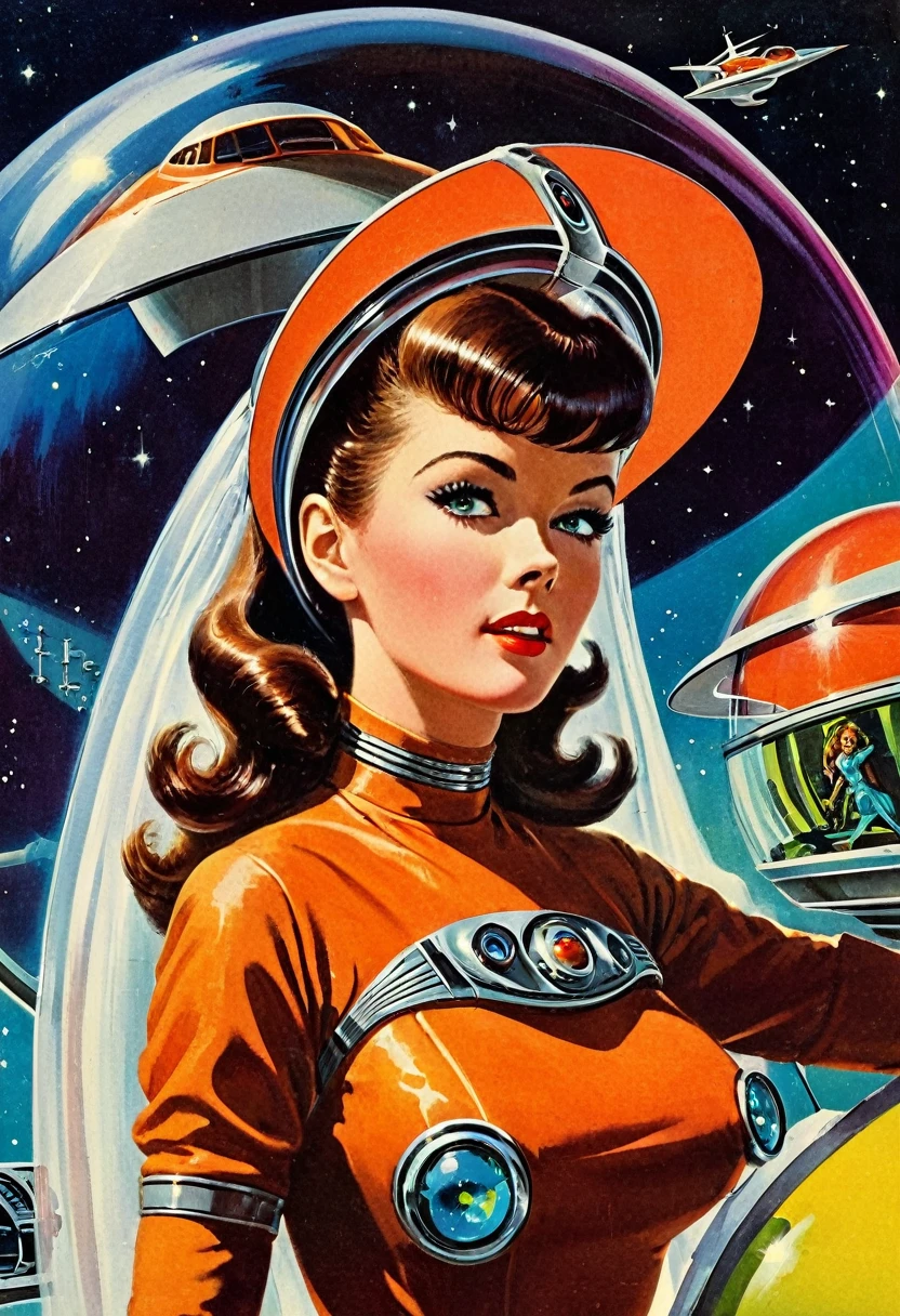 Retro futuristic, ((retro futurism)), ((Science fiction)), 1950s, (((1960s))), 1970s, (alien women),