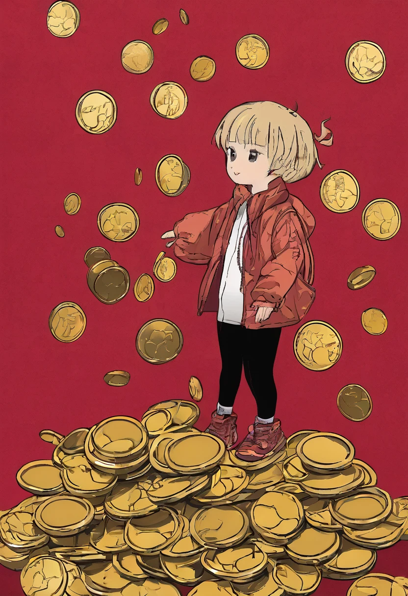 Gold coins。Good luck。money。cute。空中にGold coinsがたくさんある。Red background。、Small thin hands、Small thin legs。Beautiful Eyes