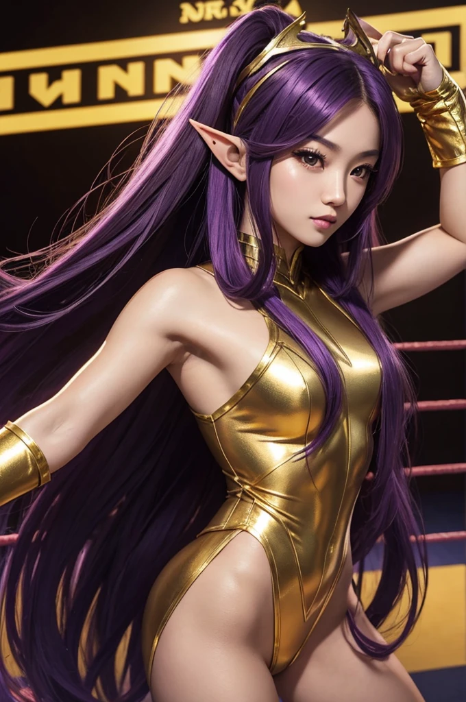 Long Purple hair, Vietnamese, beautiful 23 year old woman, very attractive, brown eyes, elf ears, very cute, thin athletic body, wearing gold superhero costume in wrestling ring, heroic pose, photoshoot