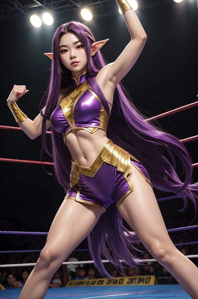 Long Purple hair, Vietnamese, beautiful 23 year old woman, very attractive, brown eyes, elf ears, very cute, thin athletic body, wearing gold superhero costume in wrestling ring, heroic pose, photoshoot