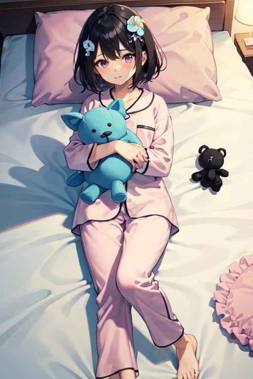 Highest quality、whole body、Black Hair、Iris、short hair、girl、cute、、、Small hair ornament、Pink pajamas、Holding a cute stuffed toy、On the bed、A slightly embarrassed look、The place is a bedroom