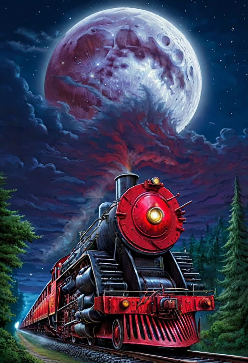 A old train, mostly red, traveling in the night, with the full moon, but the moon is really giantic, really big, and in reality it is not the moon, but a old one eyed god, with a open mounth full o theet, and the night sky showing. It's traveling in a road by the florest, in a clareira where it make its stop.