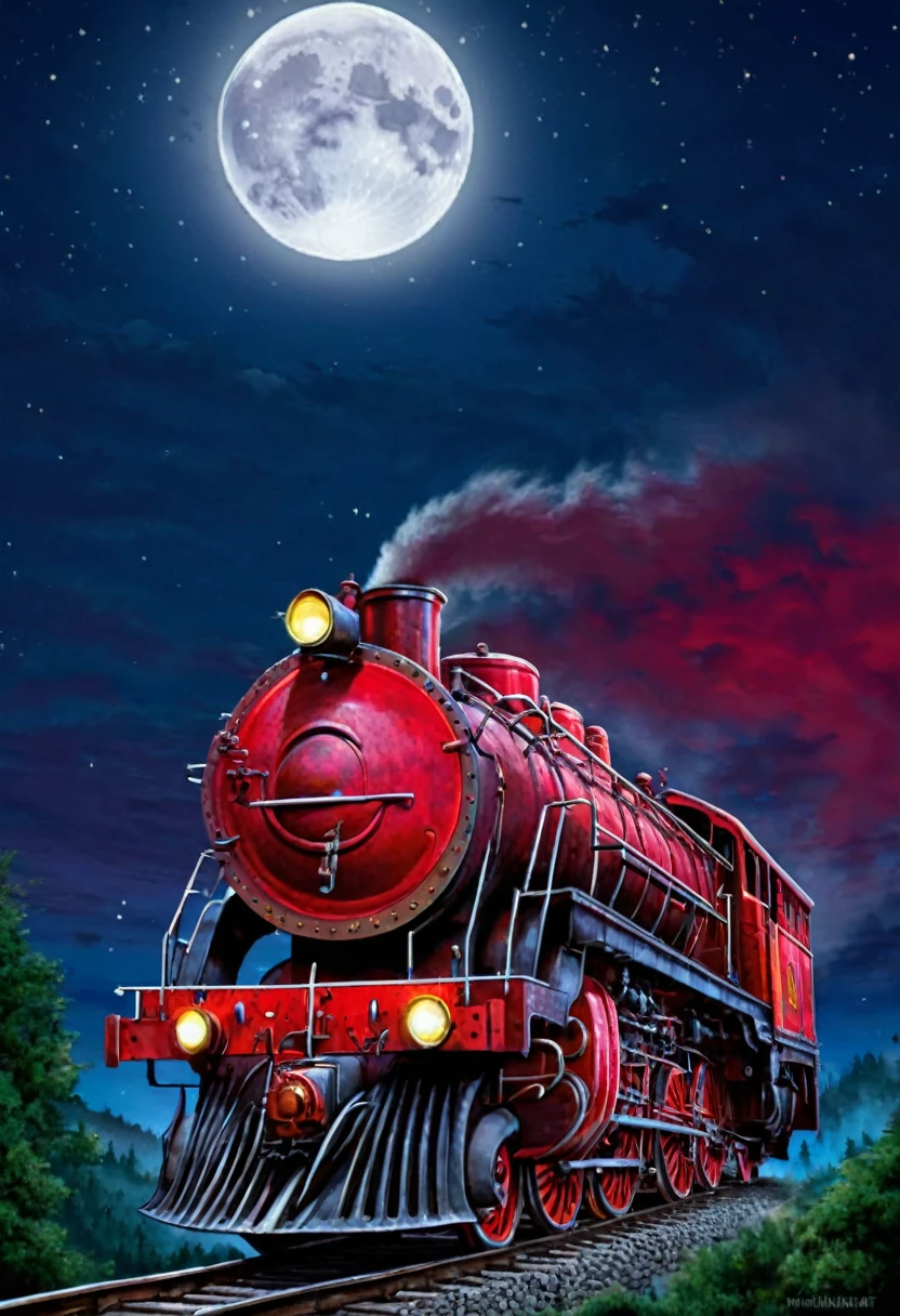 A old train, mostly red, traveling in the night, with the full moon, but the moon is really giantic, really big, and in reality it is not the moon, but a old one eyed god, with a open mounth full o theet, and the night sky showing. It's traveling in a road by the florest, in a clareira where it make its stop.