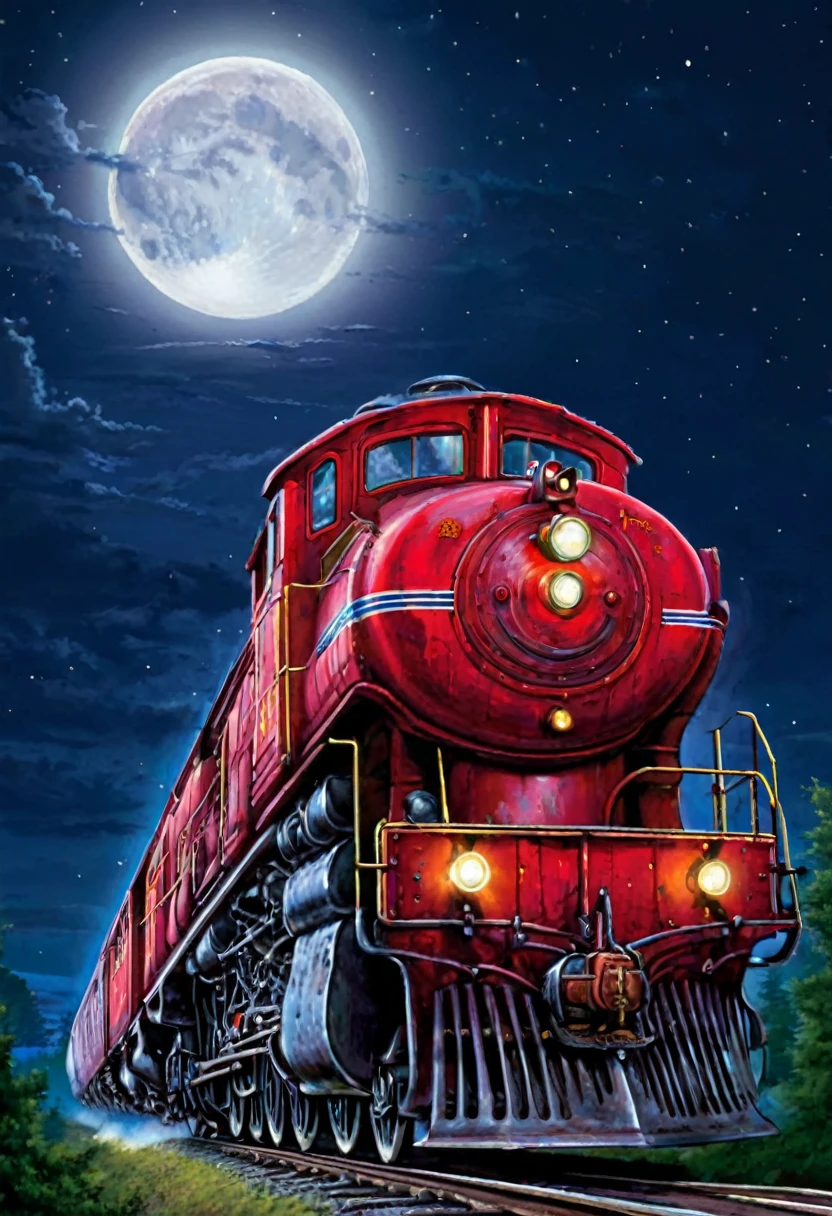 A old train, mostly red, traveling in the night, with the full moon, but the moon is really giantic, really big, and in reality it is not the moon, but a old one eyed god, with a open mounth full o theet, and the night sky showing. It's traveling in a road by the florest, in a clareira where it make its stop.