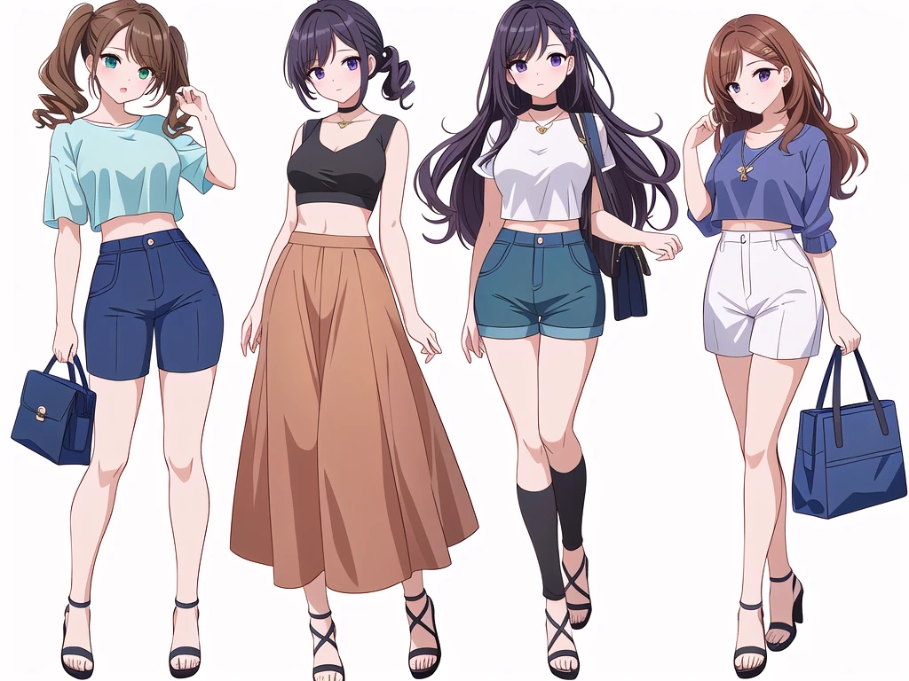 (((Best Quality))) , ((full body)), 4 lady, adult woman, multiple views, (((white background,))) variety of hairstyles, variety of fashion styles, seductive pose, fashionable and trendy atmosphere, holding bag, walk pose, dark blue/dark orange/dark green/dark violet/brown/white, short pants, crop top, k-pop,