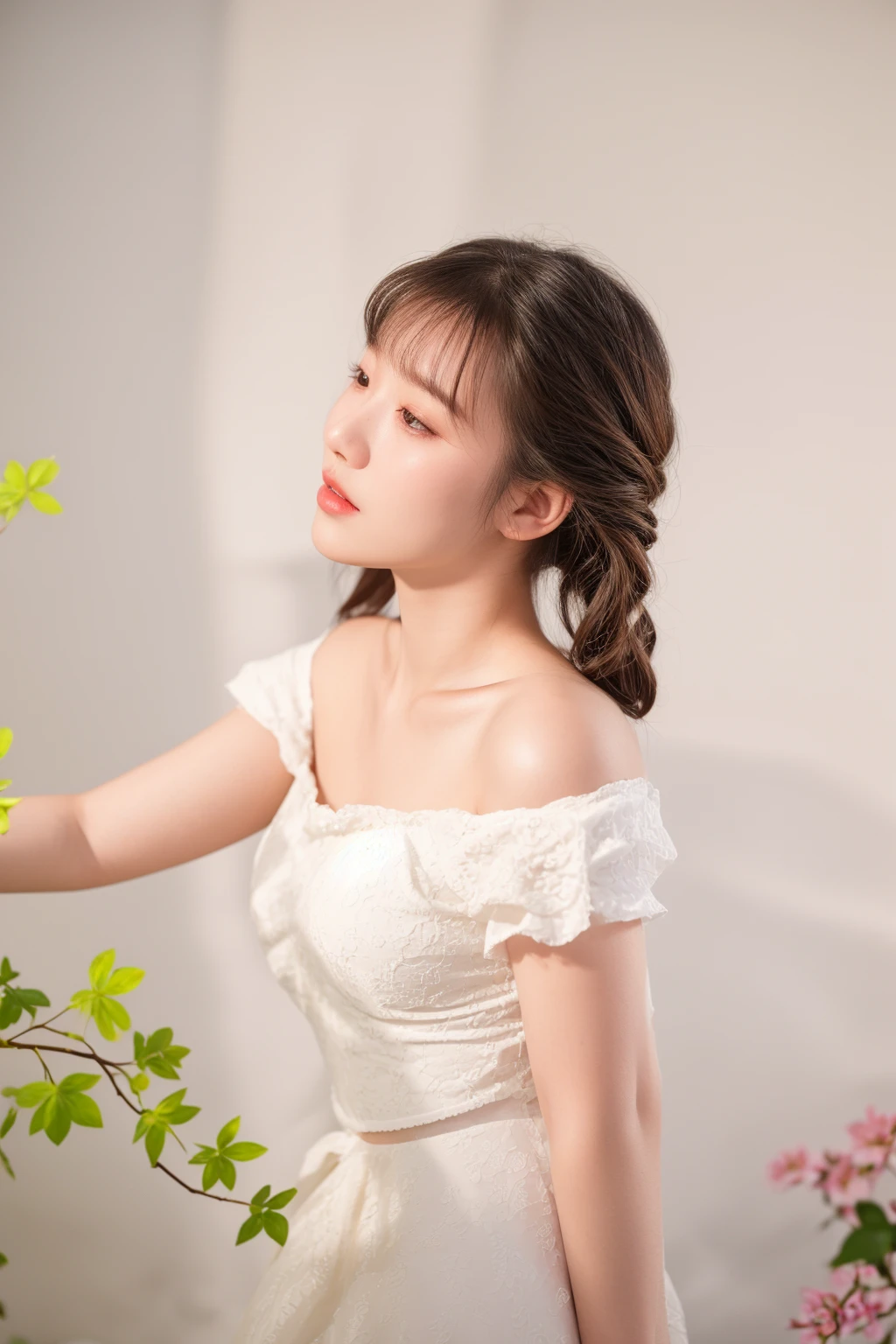 there is a woman in a white dress standing next to a plant, captured on canon eos r 6, taken with canon eos 5 d mark iv, chiho, soft portrait shot 8 k, shot with canon eoa 6 d mark ii, shot on canon eos r5, shot on canon eos r 5, 8k 50mm iso 10